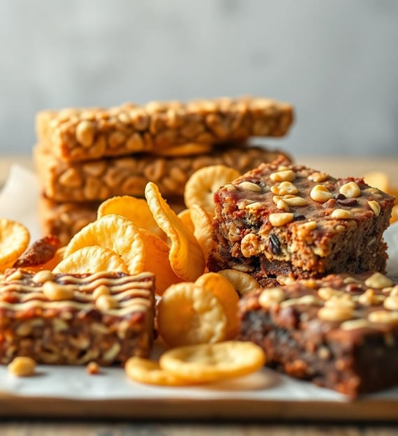 a plate of food that includes granola bars