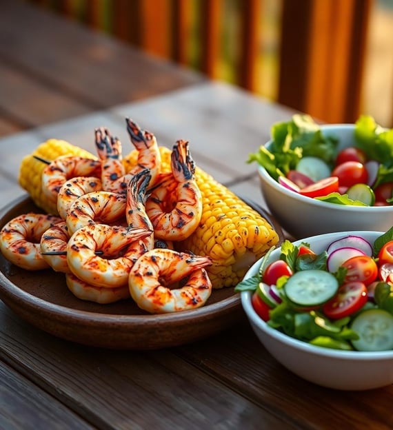 spicy grilled shrimp kabobs on a plate with grilled corn on the cob with a fresh garden salad in a b