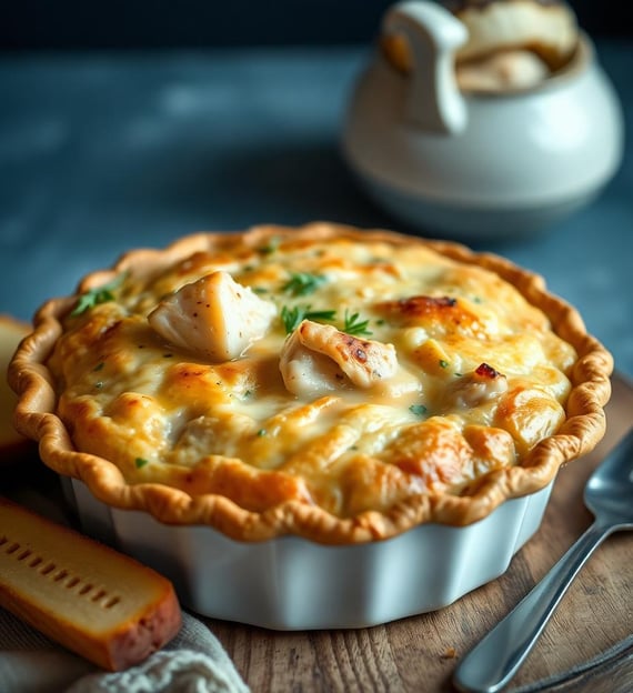 a homemade chicken pot pie with a whole grain crust