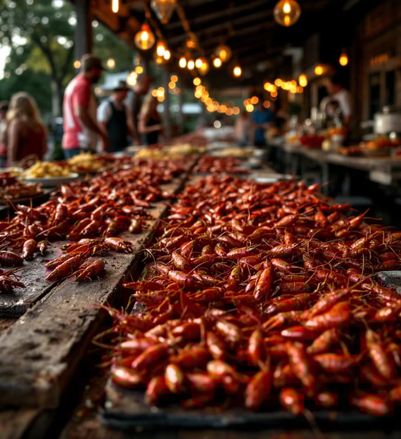 Louisiana cajun outside party with long tables of crawfish on it