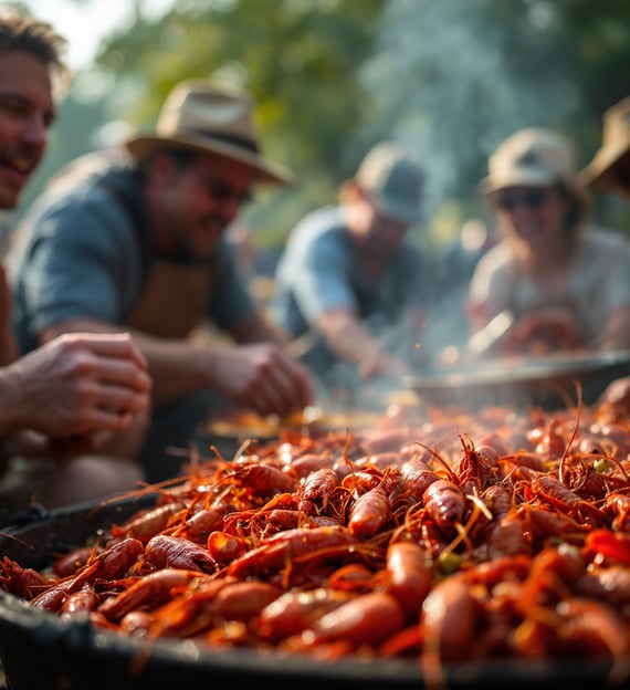 people enjoying a Louisiana Crawfish boil