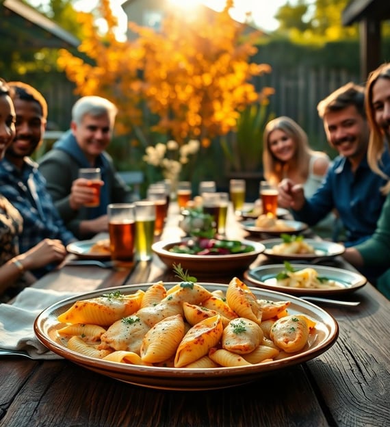 Weekend gathering of friends and family eating creamy spicy cajun stuffed chicken pasta shells
