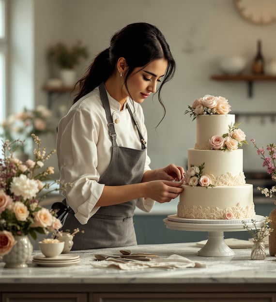 a woman assembling a 3 tier traditional wedding cake