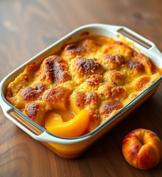 peach cobbler in a rectangle dish