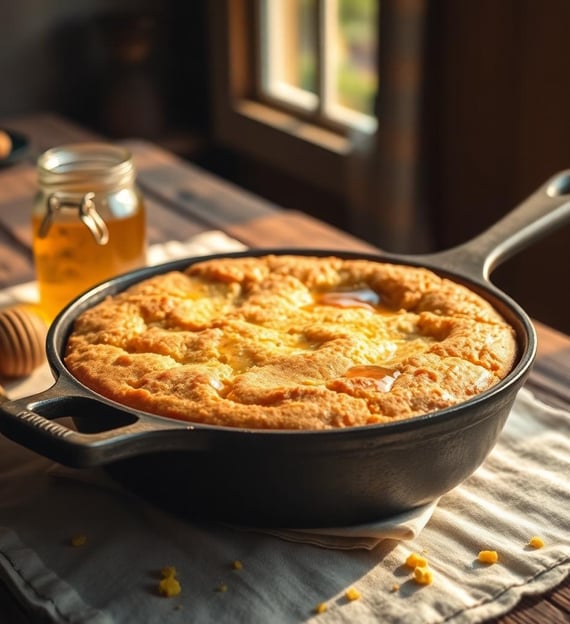Honey and Maple Cornbread in an iron skillet