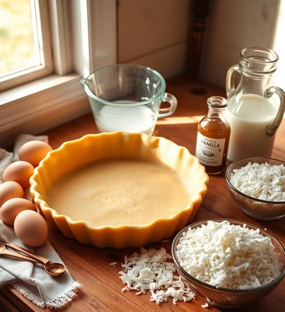 a pie crust pie and ingredients for a coconut custard pie