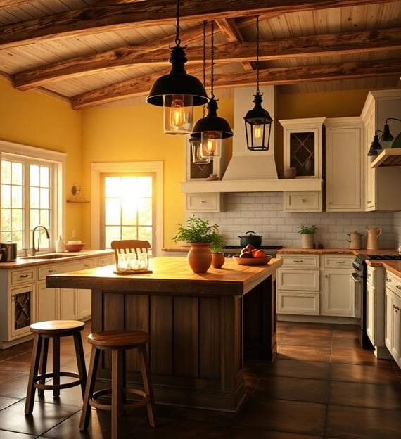 a kitchen with a wooden ceiling and a wooden table