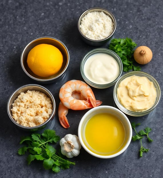 a counter top of these ingredients Shrimp, peeled and deveined (fresh or frozen, thawed) Panko bread