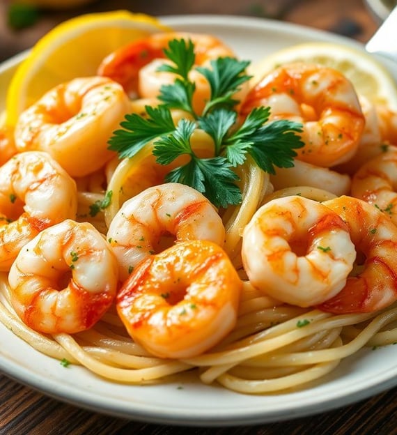 Classic Shrimp Scampi over noodles