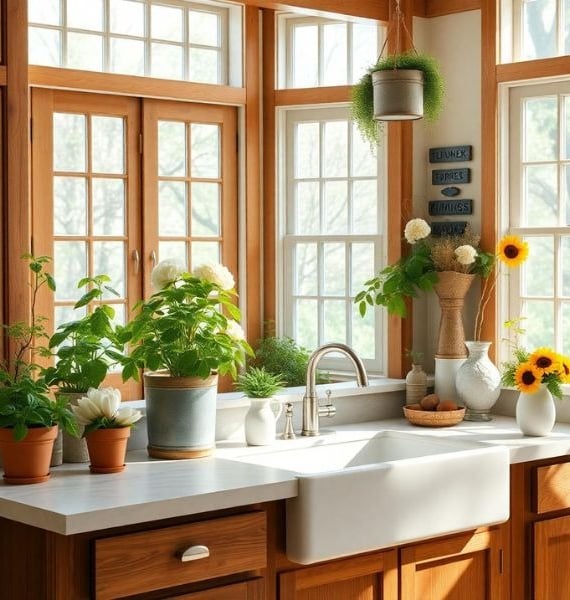 a kitchen with an apron-front sink