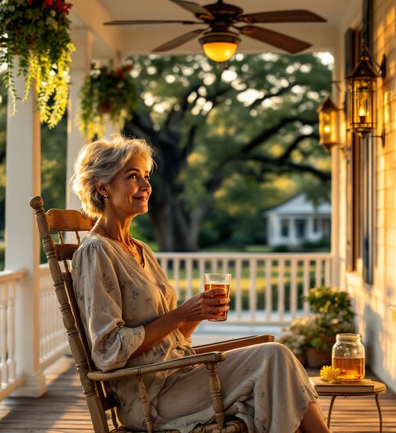 a shady porch in the South where people where a woman in a rocking chair is drinking southern sweet