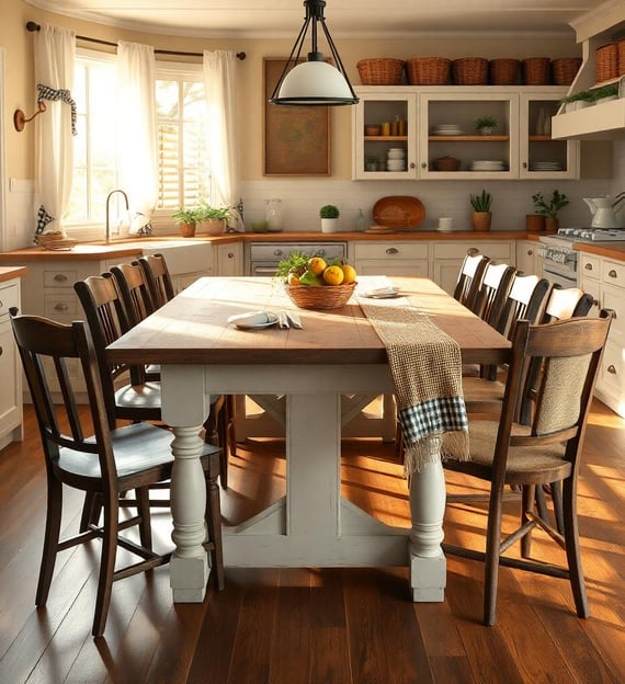 a kitchen table with a bowl of fruit on it