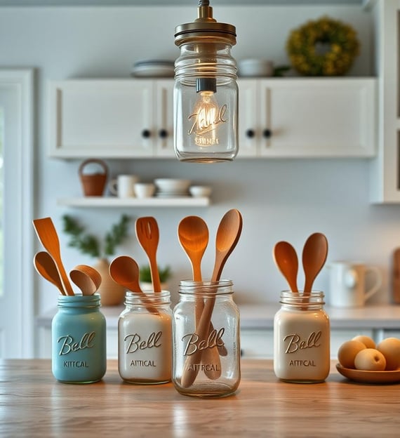 a kitchen counter top with wooden spoons and spoons
