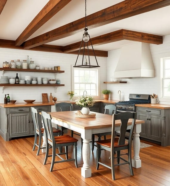 a kitchen with a wooden table and chairs