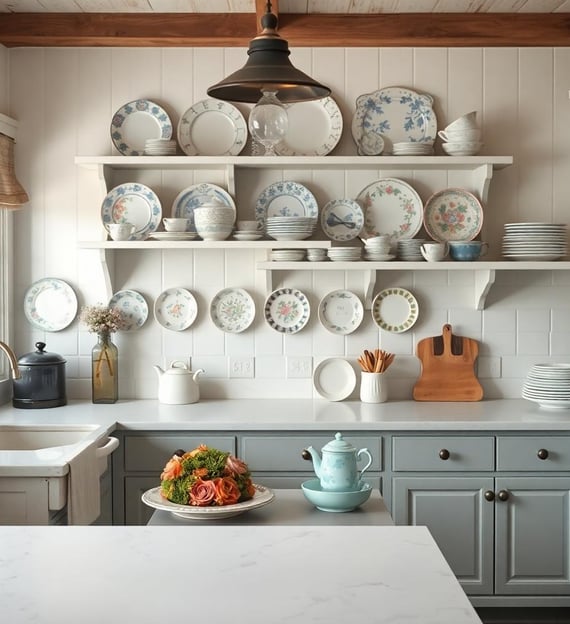 a kitchen with a white counter top and a bowl of fruit