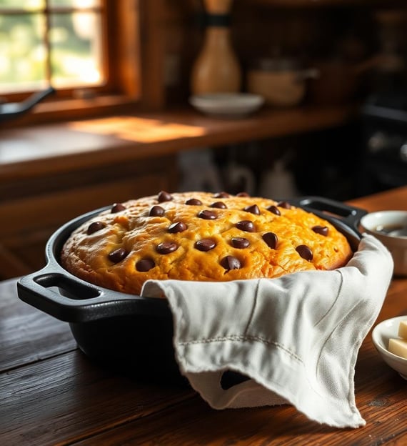 Chocolate Chip Cornbread in an iron skillet