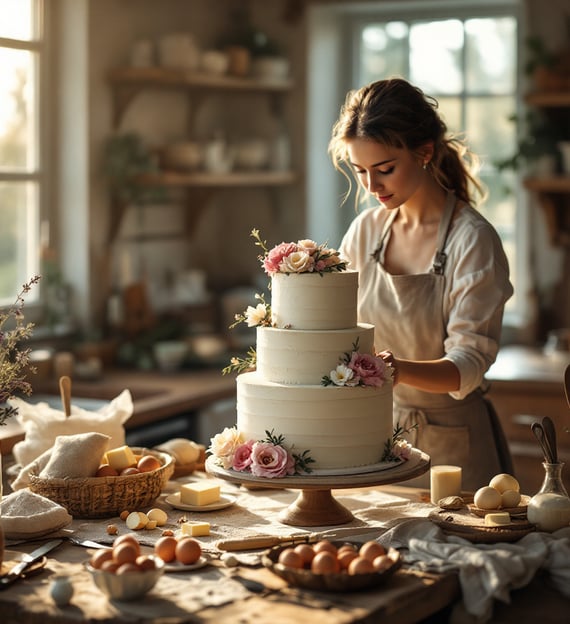 a woman assembling a 3 tier traditional wedding cake with cake ingredients all around in the kitchen