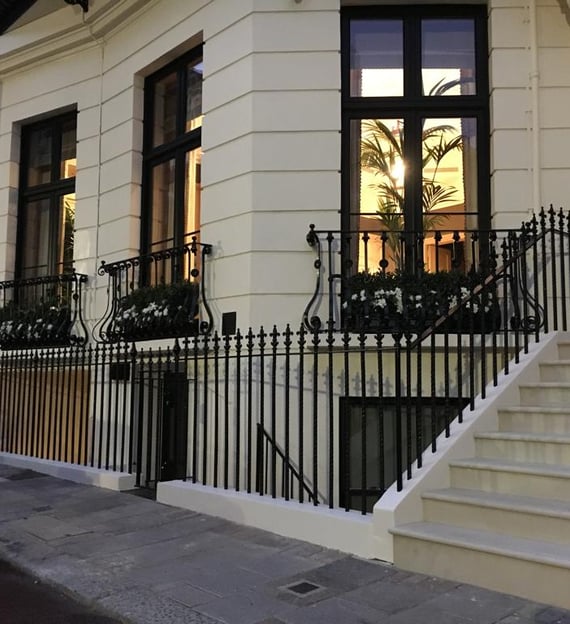 Elegant Victorian townhouse in London featuring bespoke wrought iron railings and balconettes by Ken