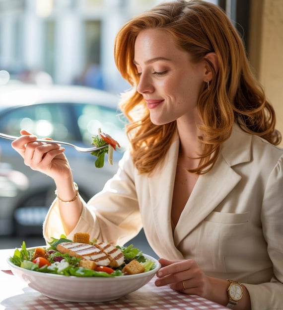a woman sitting at a table with a salad