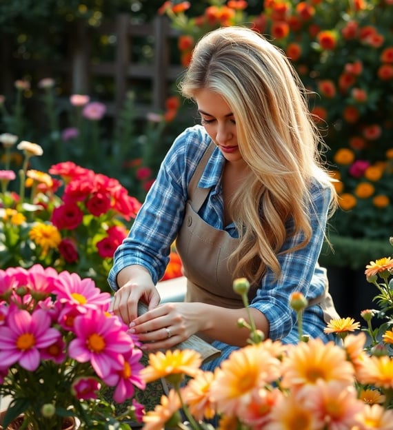 a woman in a apron is looking at flowers