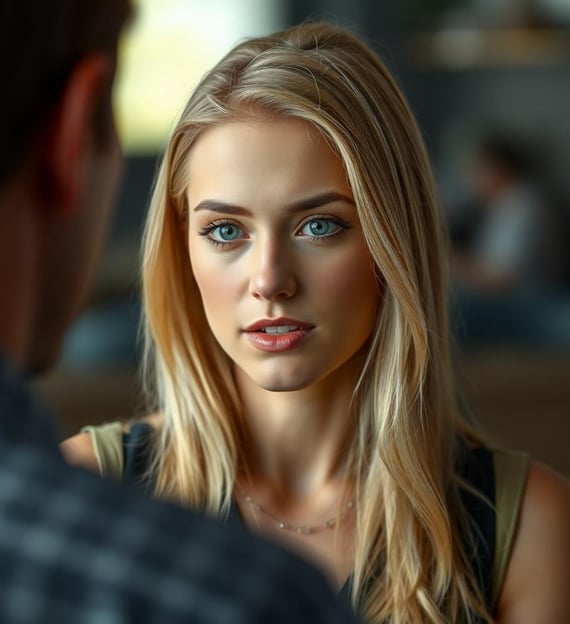 a woman with blonde hair and blue eyes is looking at the camera