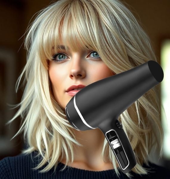 a woman with blonde hair and a hair dryer