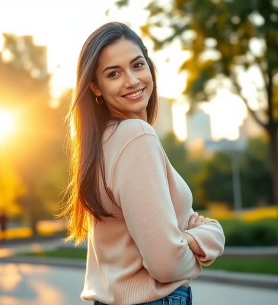 a woman in a pink sweater and jeans