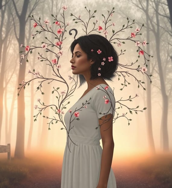 a woman in a white dress with a tree in the background