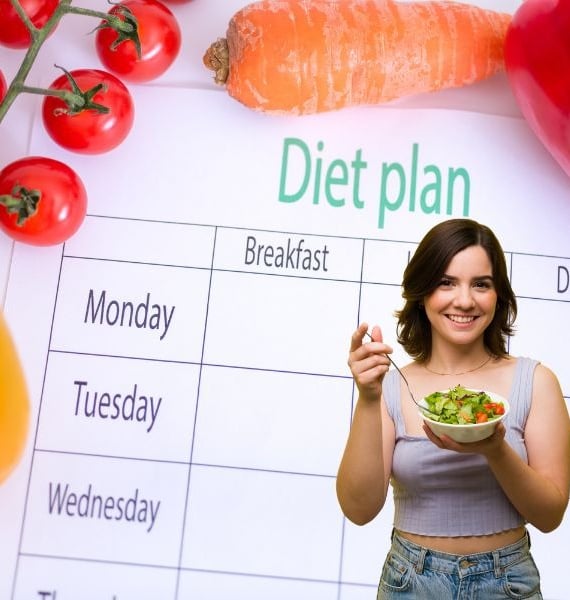 a woman holding a bowl of food and a salad