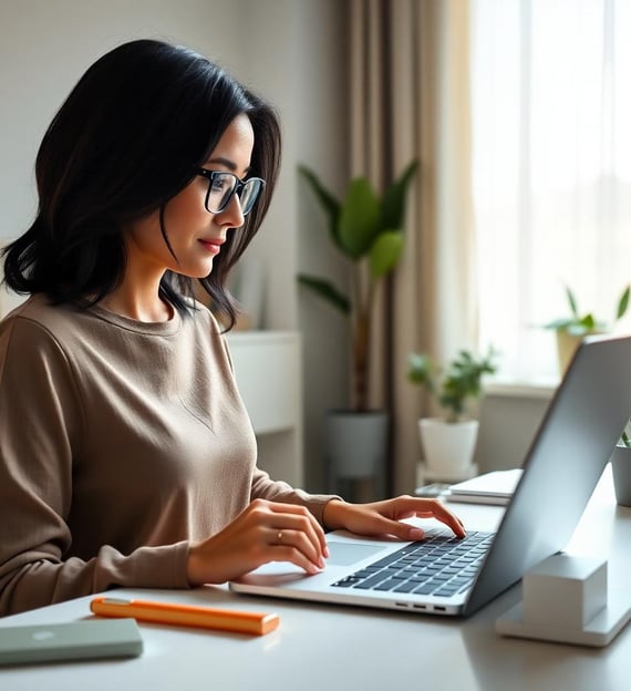 a woman in glasses and a brown sweater is typing on a laptop