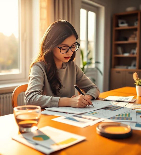 a woman sitting at a table with a cup of coffee and papers