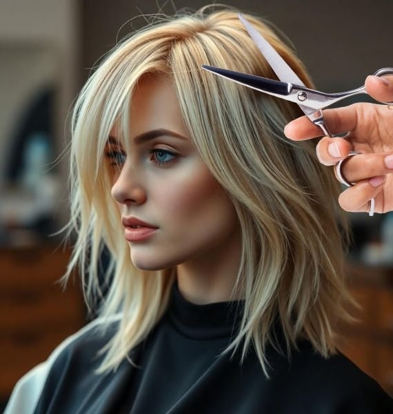 a woman is getting her hair cut