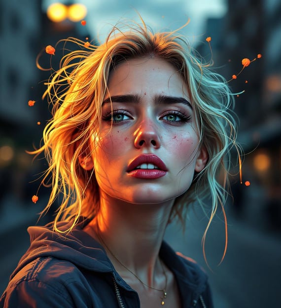 a woman with blonde hair and a hoodie