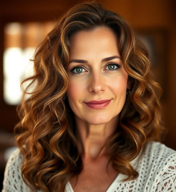 a woman with a white shirt and a curly hairstyle