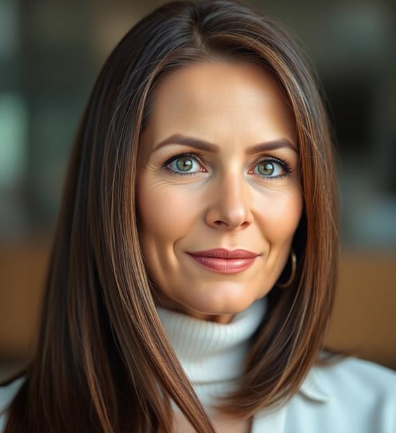 a woman with a white shirt and straight brown hair