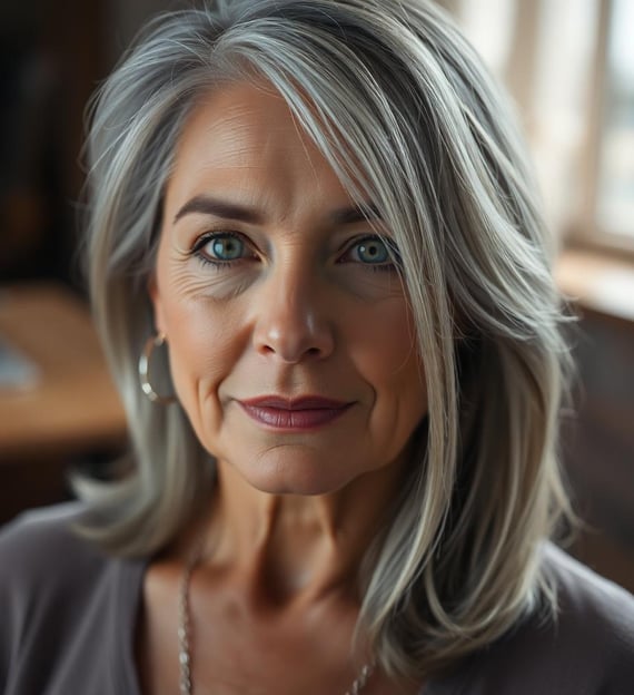 a woman with a gray hair and a necklace