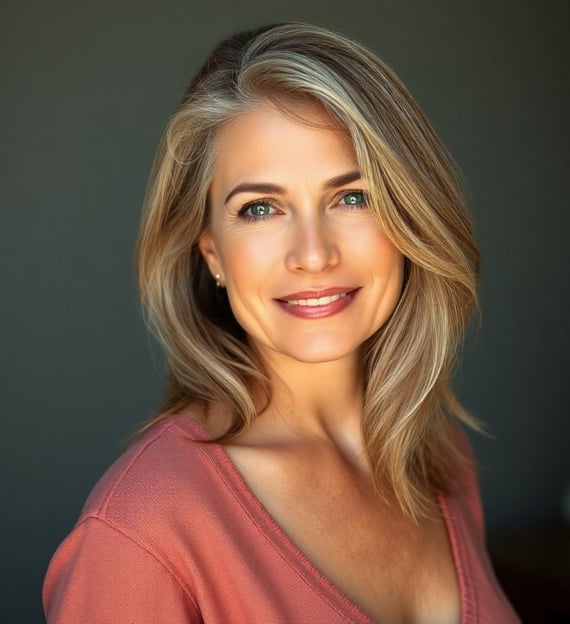 a woman with blonde hair and a pink sweater