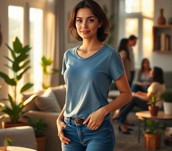 a woman in a blue shirt and jeans standing in a living room