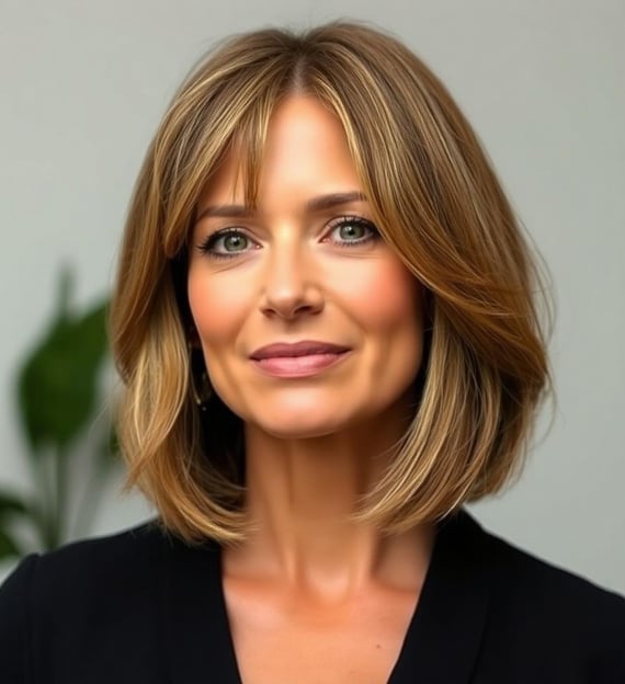a woman with a soft layered bob haircut
