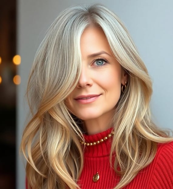 a woman with blonde hair and a red sweater