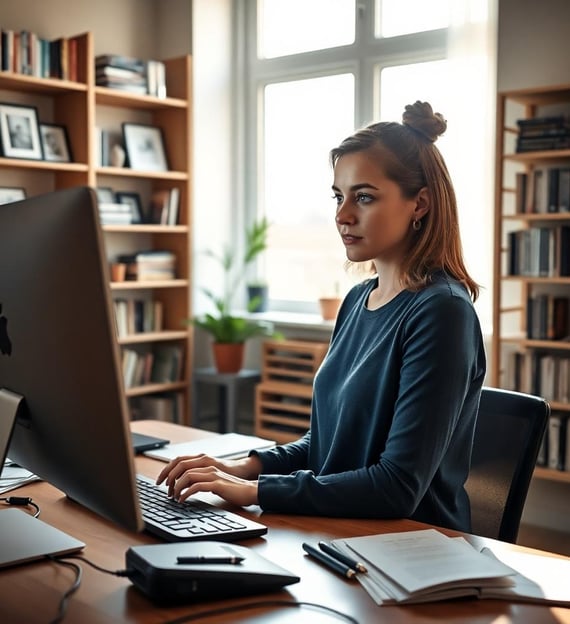 a woman sitting at a desk a computer