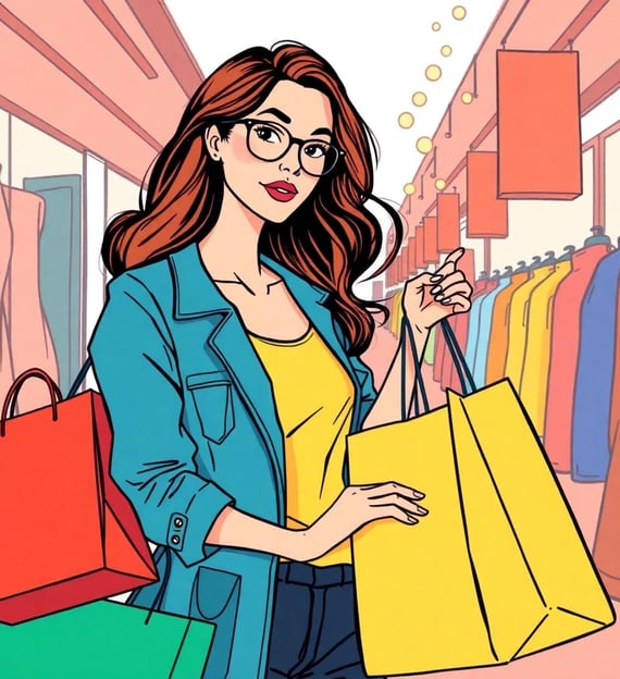 a woman in glasses and a blue jacket is holding shopping bags