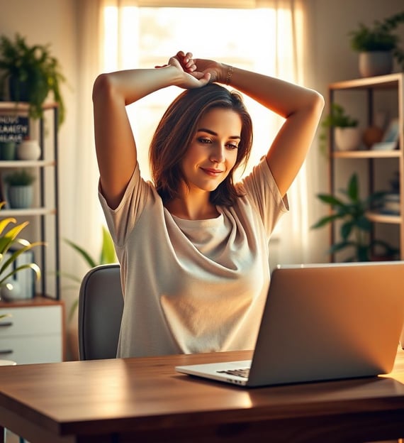 a woman sitting at a desk stretching