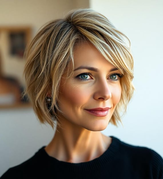 a woman with blonde textured crop hair