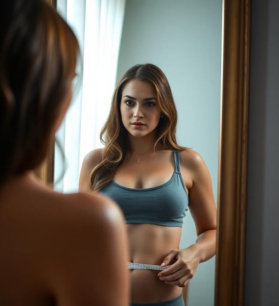 a woman in a blue bra top and measuring tape measure tape