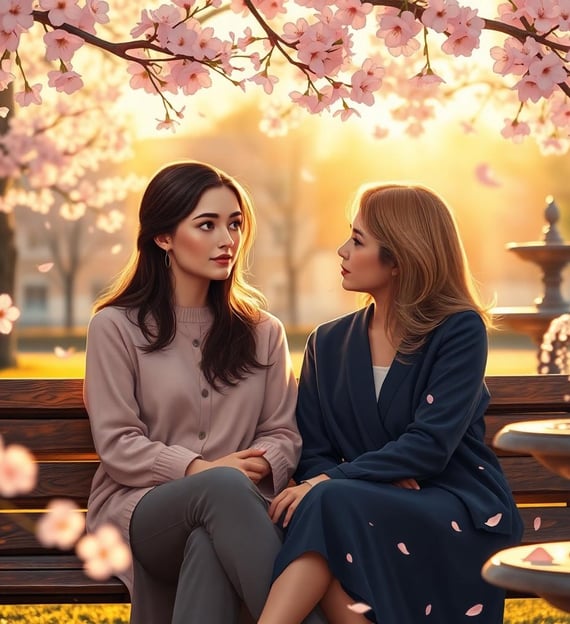 two women sitting on a bench in a park