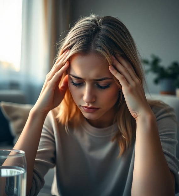 a woman with a glass of water with her hands on her head