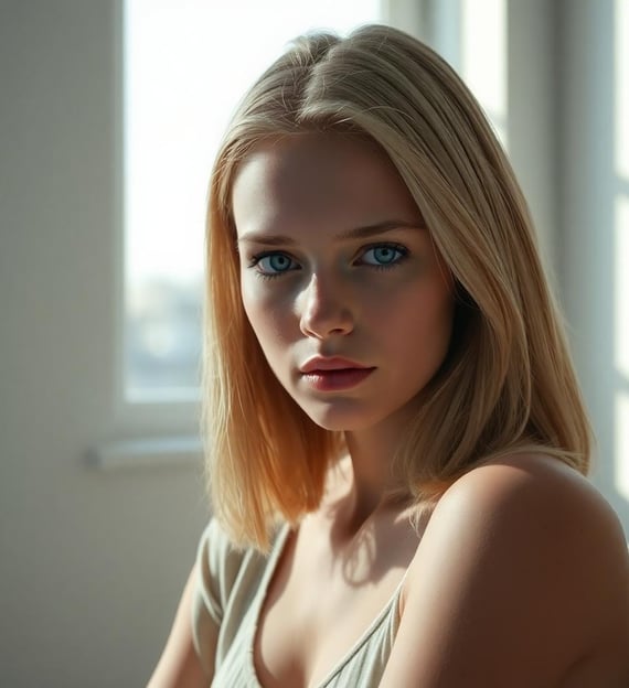 a woman with blue eyes and blonde hair