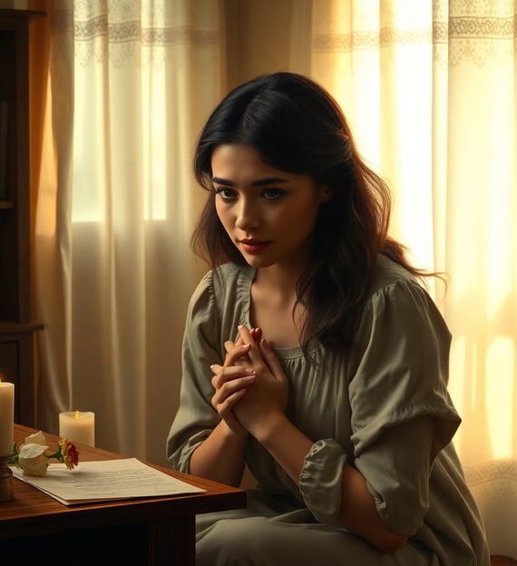 a woman sitting at a table with candles and candles