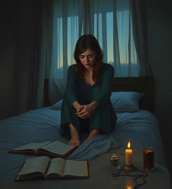 a woman sitting on a bed with a book and candles